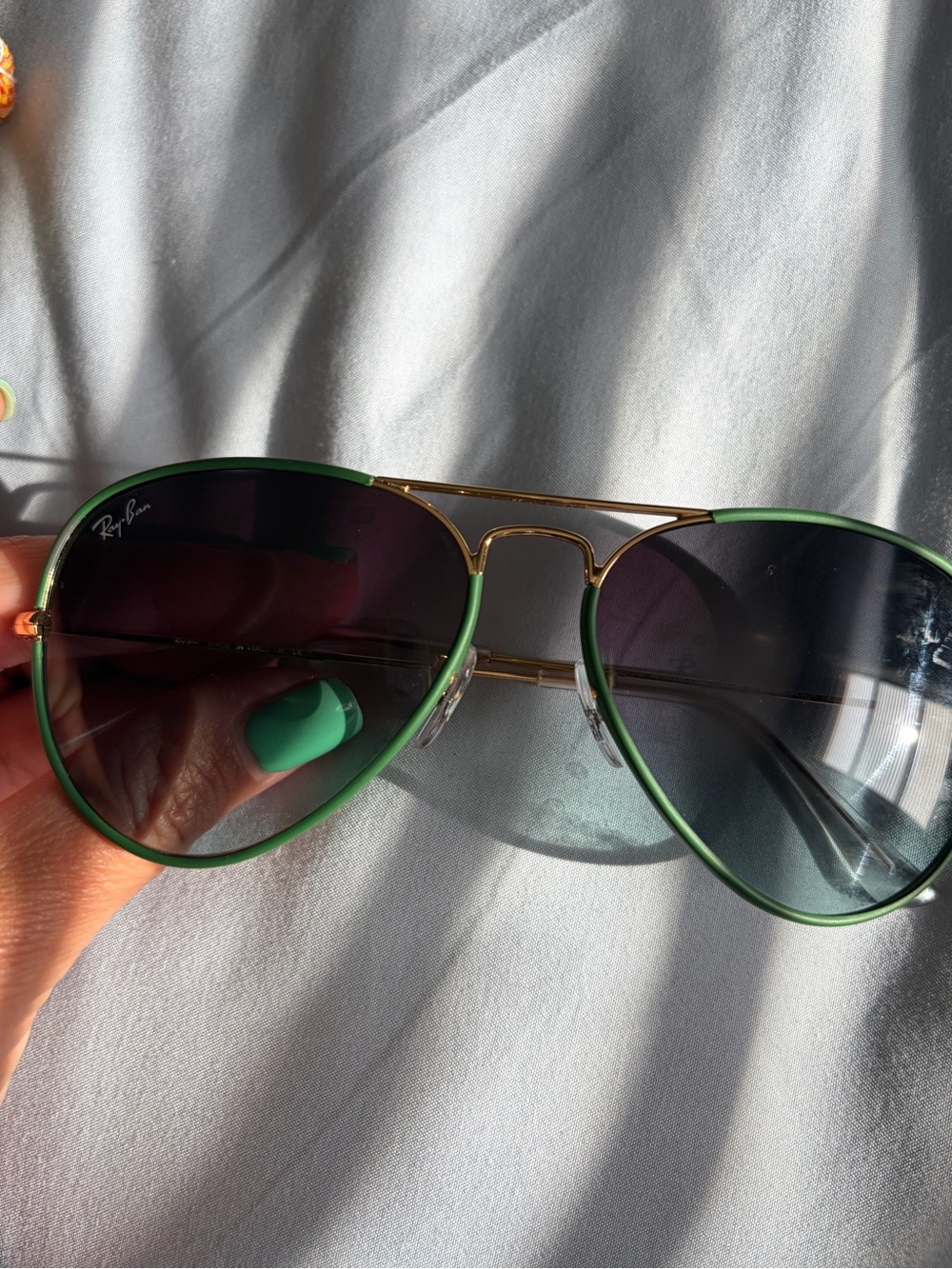 Ray-Ban Aviator Sunglasses with Green Trim and Gold Frame 58mm